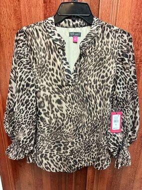 Vince Camuto Animal Print Split-Neck Blouse - Black & Cream